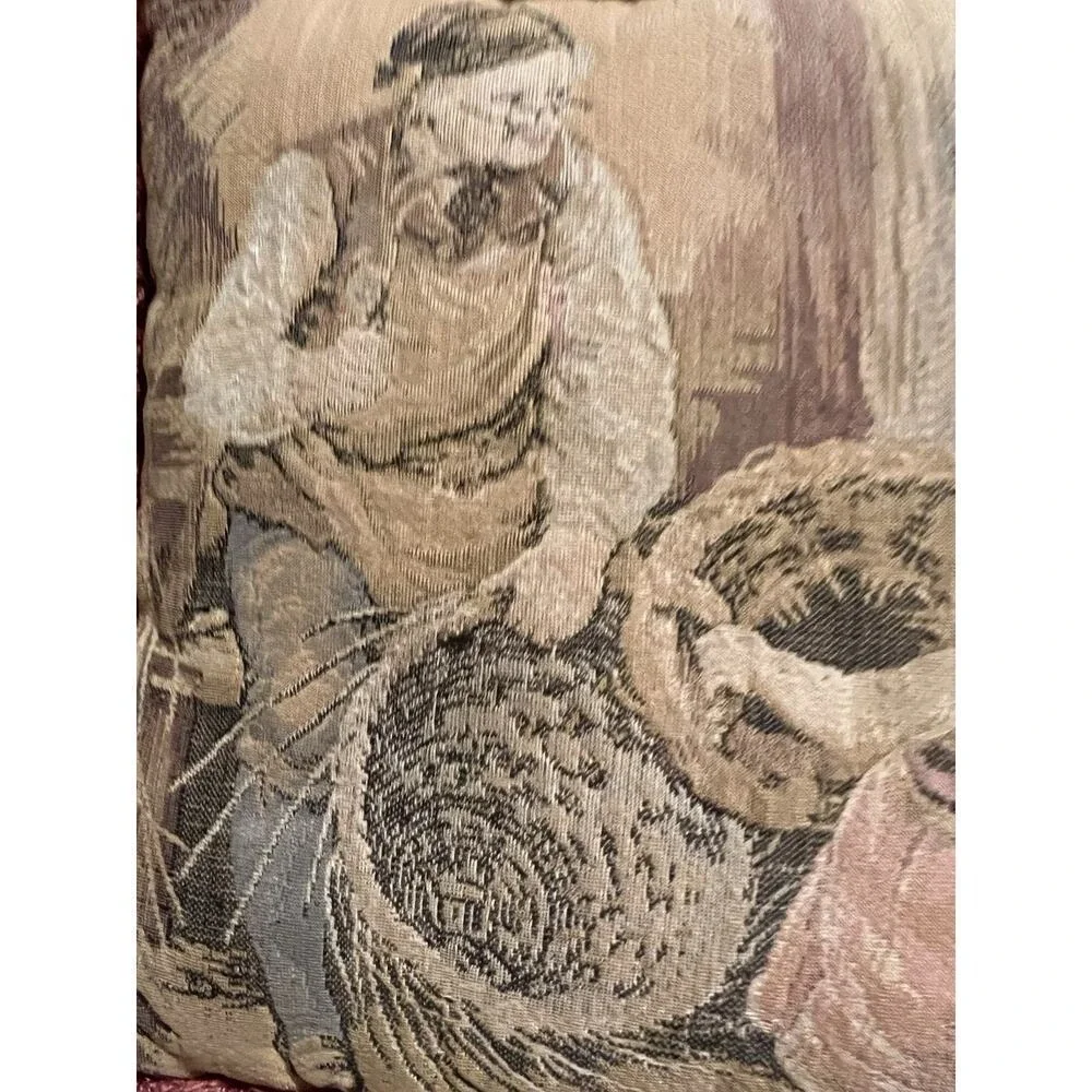 Antique FRENCH TAPESTRY w/‎ LITTLE GIRL TAKING BROKEN BASKET to the BASKET MAKER